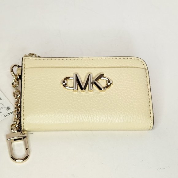 Michael Kors Piper Small Chain Zip Card Case Pebbled Leather - Buttermilk - NWT - Picture 2 of 9